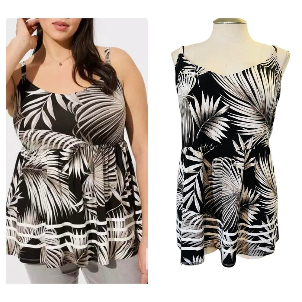 Torrid 6 (6X 30) Super Soft Palm Tropical Leaves V Neck‎ Babydoll Tank Top New